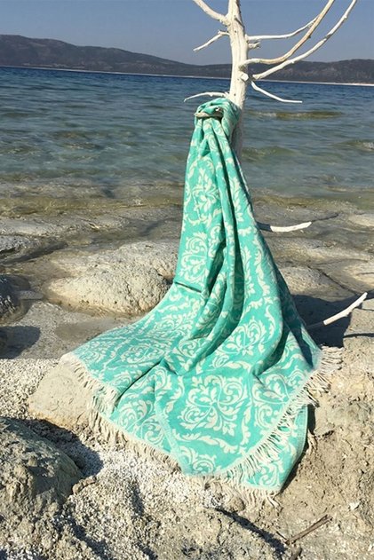 Baroque Patterned Green Peshtamal - Soft and Durable Models - 90 X 170 cm