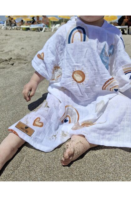 2 Layers Organic Muslin Hooded Poncho Bathrobe Sea Beach Pool Towel Kids Baby Boys Girls Unisex Dino