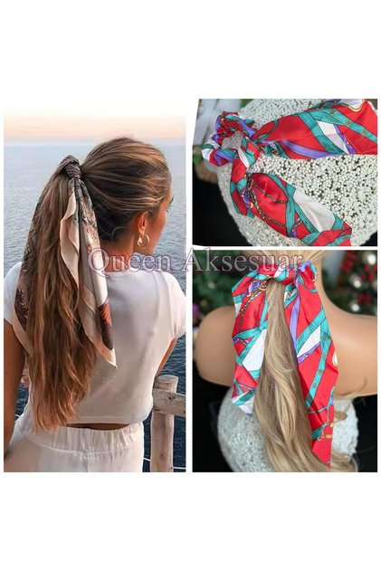 Trend Fashion Elastic Chain Belt Motif Patterned Foulard Shawl Scarf Pendant Buckle Red Satin