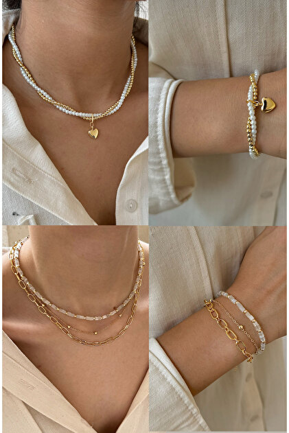 Set of 4 Gold Pearl Necklace Bracelet Silk Bead Combination Necklace Bracelet