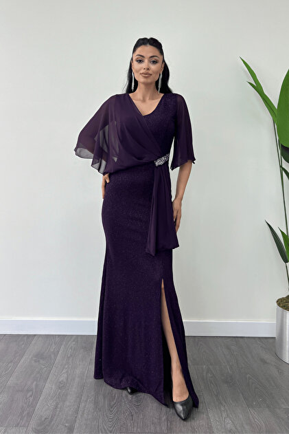 giyimmasal Glitter Fabric Chiffon Shawl Detailed Evening Dress - Eggplant  Purple- Trendyol