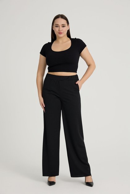 High Waist Women's Lycra Wide Leg Elastic Waist Combed Cotton Trousers with Pockets G111-2