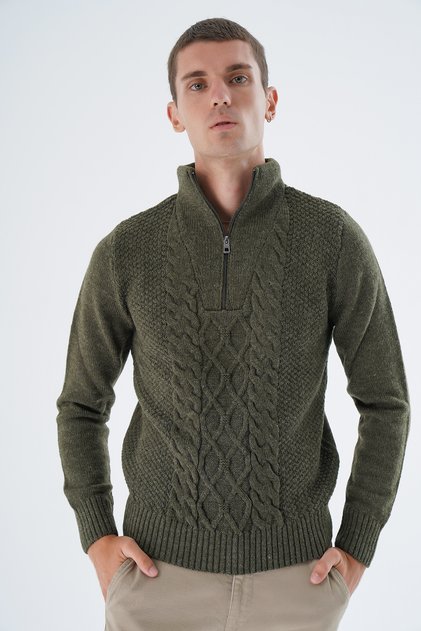 Men's Khaki Stand Collar Zippered Half Fisherman Wool Knitwear Knitted Sweater Trist-5325
