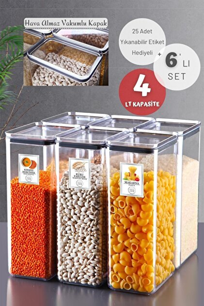 6'lı Set Etiketli Silikon Contalı Dikdörtgen Erzak Saklama Kabı Seti 4 lt Şeffaf