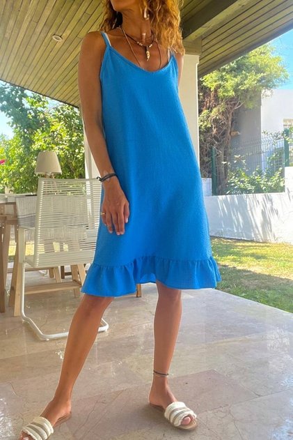 Women's Cobalt Blue Strap Dress with Soft Texture and Flounces Bst3653