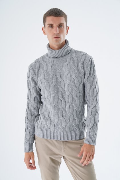 Men's Gray Turtleneck Brass Hair Braided Wool Knitwear Knitted Sweater Trist-5337