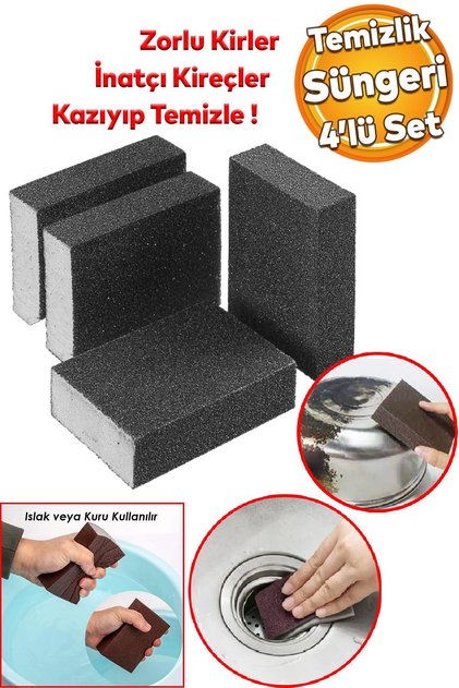 Banyo Wc Lavabo Taşı Mutfak Evye Musluk Kireç Yağ Kir Kazıma Temizleme Islak Kuru Sünger 4'Lü SET