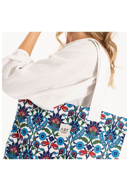 Tile Patterned Linen Tote Bag- Iznik Tile Patterned Washable Beach Bag - Tile Patterned Beach Bag