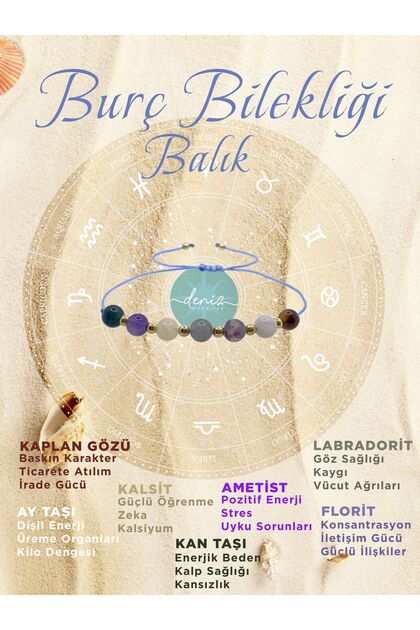 Natural Stones - Fish Zodiac Sign Bracelet Tiger, Labradorite, Amethyst, Bloodstone, Calcite, Fluorite, and Moonstone