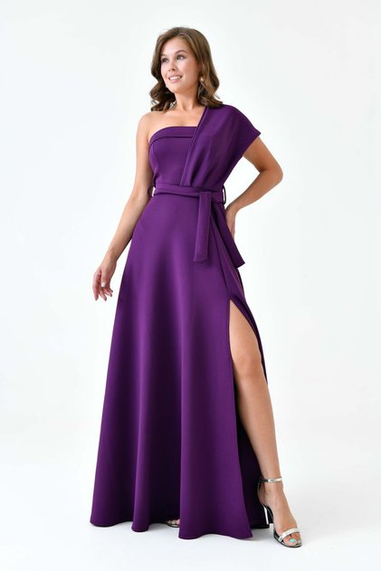 Plum scuba fabric single shoulder and slit design belted maxi evening dress 582754