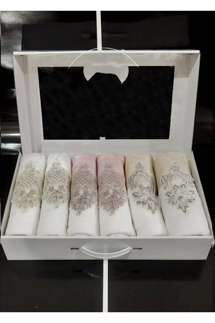 Guipure Lace Satin Embroidered, Patterned Boxed Luxury Bridal 50x90 6-Piece Hand Face Towel Set