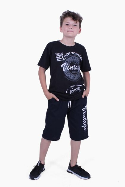 Vintage 95 Summer Printed Boy's Summer Bottom-Top Black Suit