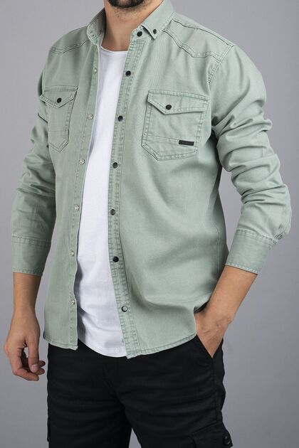 Ανδρικό τζιν πουκάμισο Slim Fit Water Green