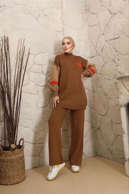 Women's Balloon Sleeve Patterned Knitwear Top and Bottom Set Brown