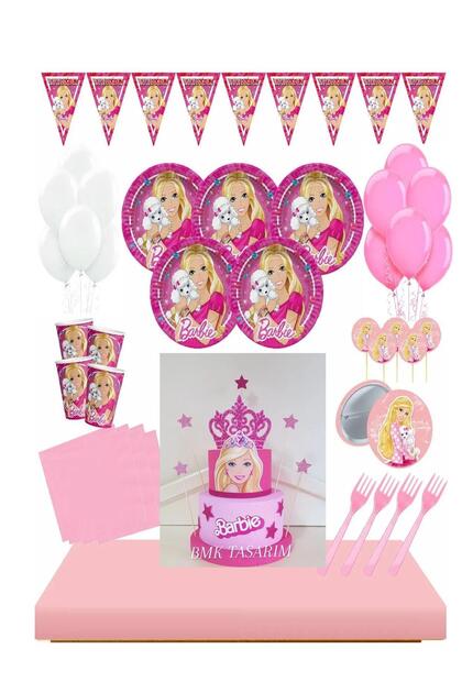 BARBİE maket pasta - barbie tabakbardak - Barbie 8 Kişilik Doğum Günü Seti Maket Pasta Dahil