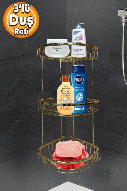 Banyo Duş Rafı Şampuanlık Köşelik Damla Gold Altın 3 Katlı Malzemelik Organizer Düzenleyici Mutfak E