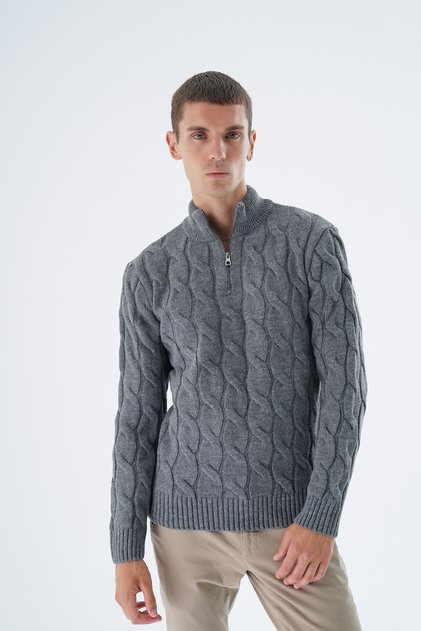 Men's Dark Gray Half Fisherman Zipper Hair Braided Wool Knitwear Knitted Sweater Trist-5339