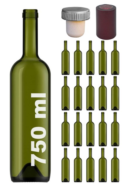 750 ml Yeşil Şarap Şişesi Sentetik Mantar Tıpalı Ve Kapüşonlu 750 Cc Boş Çukur Cam Şişe 20 Adet