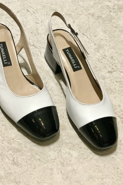 Women's Black White Leather Heeled Shoes