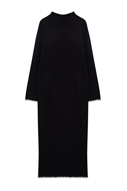 Trendyolmilla Modest Siyah Dikiş Detaylı Uzun Triko Elbise