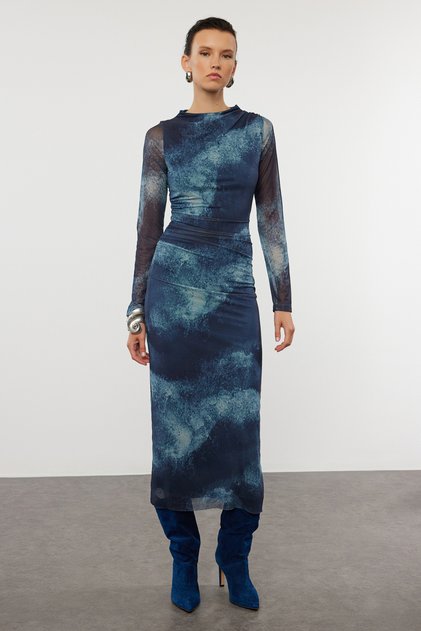 Blue Abstract Bodycone Shirred / Drape Maxi Knitted Dress Twoaw25El00121