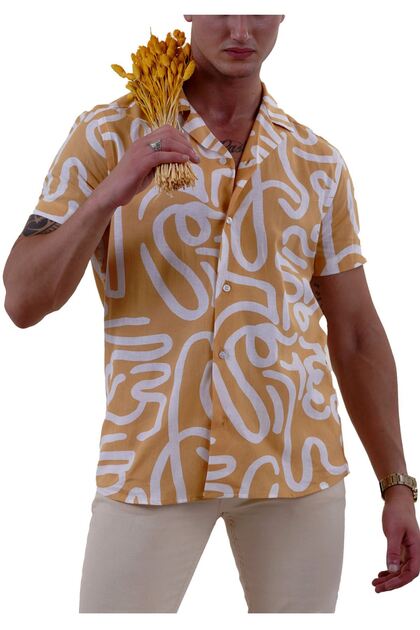 Yellow and White Abstract Pattern Printed Hawaiian Relaxed Fit Short Sleeve Summer Shirt