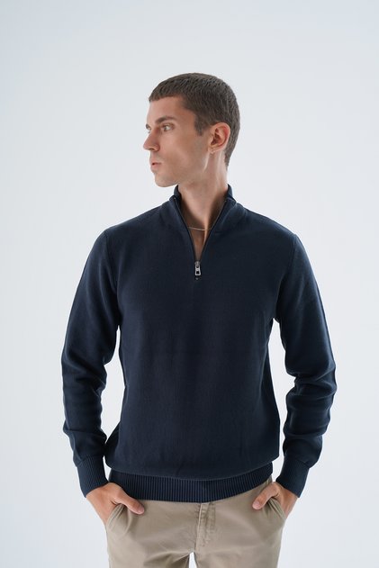 Navy Blue Men's 100% Cotton Zippered Stand Collar Knitwear Sweater Trist-1191