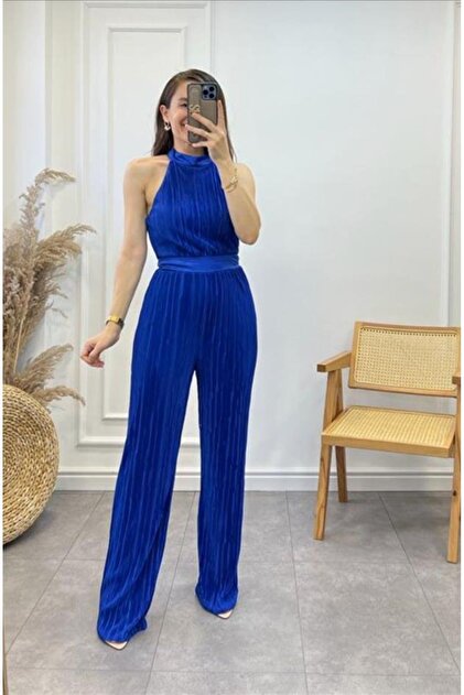 BEAUTY FASHON Ribbed Sleeveless Halter Neck Women's Sax Evening Dress  Jumpsuit - Evening Dress & Graduation Jumpsuit Dress- Trendyol