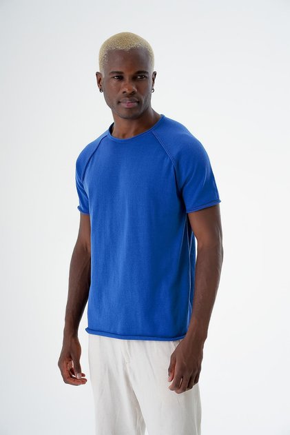 Erkek Bisiklet Yaka Spor Kesim Kısa Kollu Ince Triko T-shirt Navy 24s268