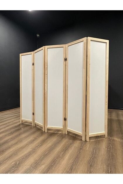 Ahşap Paravan Ahşap Seperatör 5 Kanatlı Çift Taraflı Beyaz Mdf 200x170