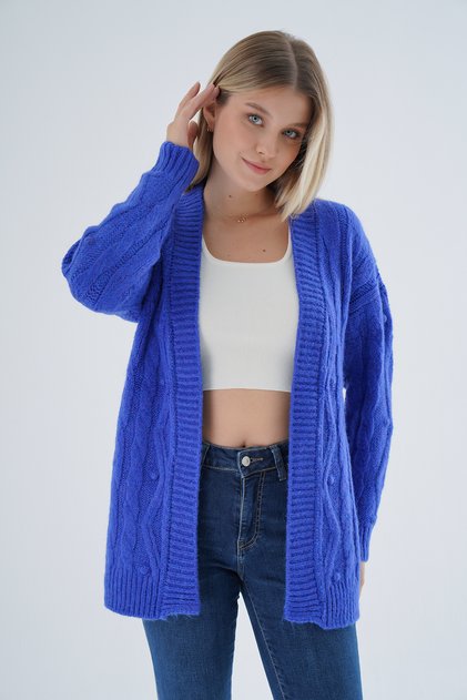 Cobalt Blue Color Oversize Pompom Knitwear Cardigan - Execution Knitted, Wool Blend, TRIST-6165