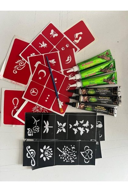 6 Tüp Siyah Ve Kırmızı Kına 40 Şablon Ve Fırça Hediyeli Geçici Dövme Seti
