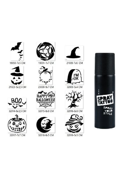 Cadılar Bayramı Halloween Geçici Dövme Seti Siyah Spray Tattoo ve 12 desen