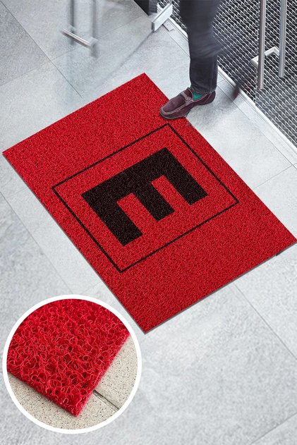 E logo pharmacy business curved entrance mat red