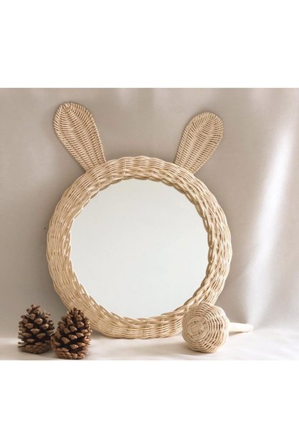 Çocuk Odası Rattan Bambu Hasır Ayna Kedi Kulaklı Ayna 30 Cm