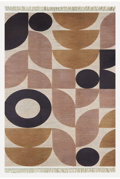 Cotton 68 Powder Camel And Black Pastel Geometric Patterned Woven Rug