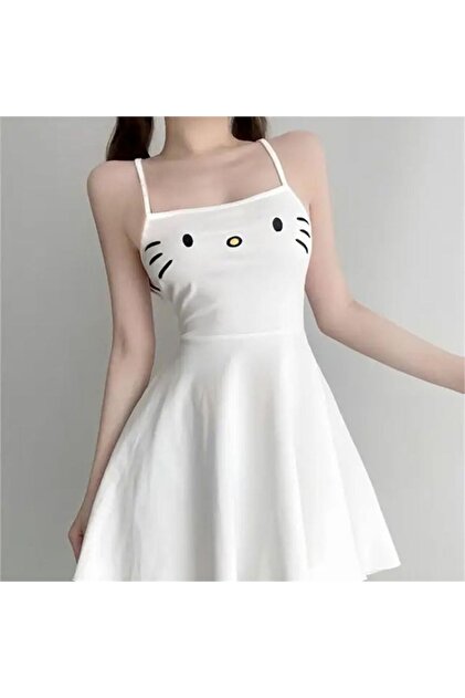 Karakedi White Hello Kitty Cat Summer Strap Dress- Trendyol