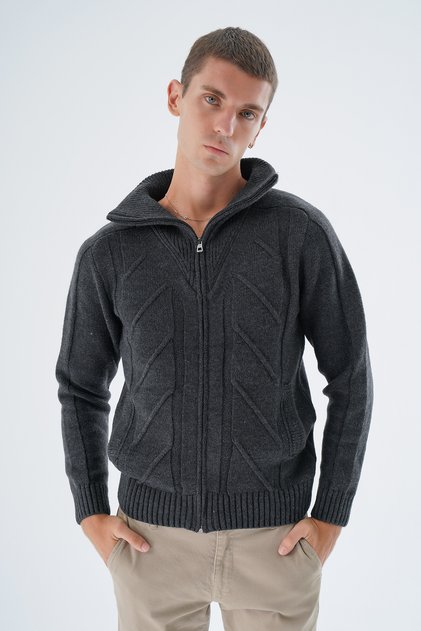 Men's Anthracite Truck Collar Knitted Zipper Pocket Wool Knitwear Knitted Cardigan Trist-5331