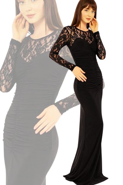 Siyah GÜLİSTAN HATUN MODELİ Dudak Yaka Dantel Detay Balık Abiye & Mezuniyet Elbisesi & Gece Elbisesi