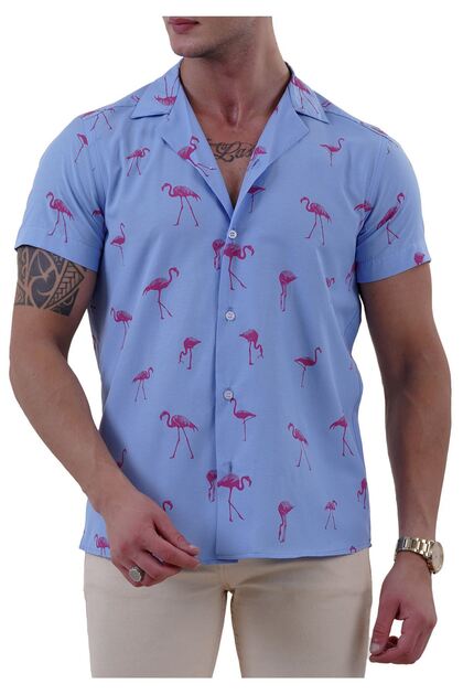 Hawaiian Relaxed Fit Short Sleeve Summer Shirt with Pink Flamingo Print on Blue