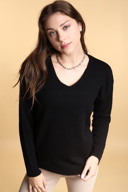 Women's Black V-Neck Soft Textured Knitwear Sweater