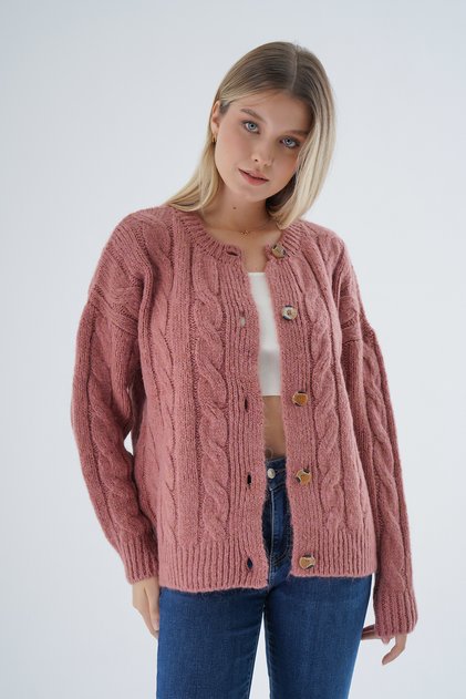 Women's Dusty Rose Oversize Crew Neck Buttoned Hair Braided Wool Blend Knitwear Knitted Cardigan Trist-6166