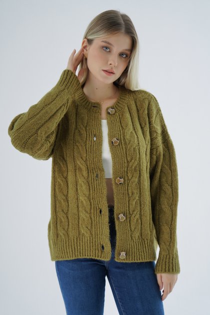 Women's Olive Oversize Crew Neck Buttoned Hair Braided Wool Blend Knitwear Knitted Cardigan Trist-6166