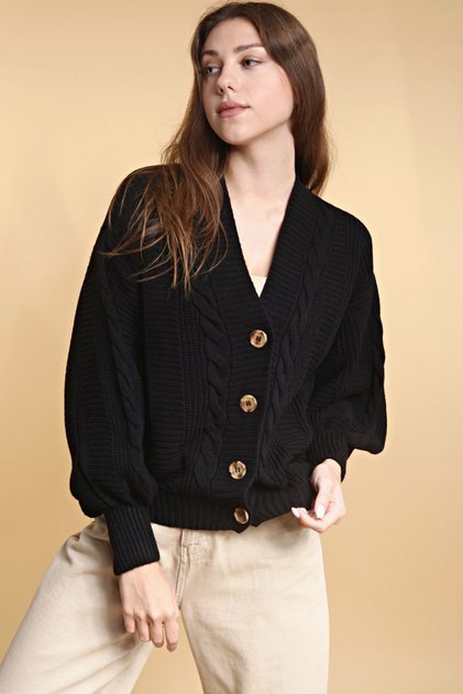 Damen-Strickjacke aus schwarzem, geflochtenem Strick mit Ballonärmeln