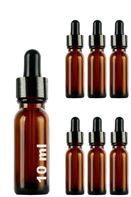 10 ml Amber Cam Damlalık Serum Şişesi 10 Cc Siyah Metal Kapaklı Kahverengi Dropper Cam Şişe 6 Adet
