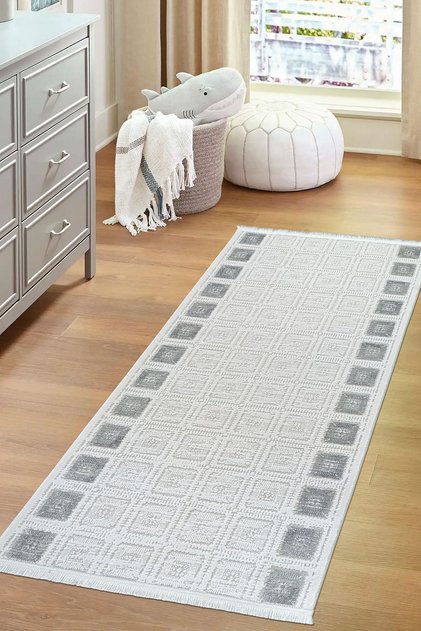 Modern Desenli Halı Koridor Kesme Yolluk Yumuşak Doku Dokuma Makine Halısı 9533A GRİ ŞURA