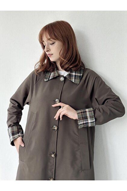 Retrobird Ekose Yaka İngiliz Stili Tasarım Trenchcoat Kadın Haki