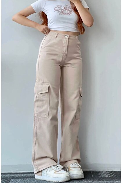 BEIGE CARGO BALL BANGS Buggy JEANS PANT with Cargo Pocket