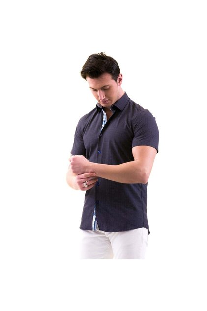Slim Fit Short Sleeve Shirt with Navy Blue and White Printed Collar and Blue and White Rose Detail on the Chest