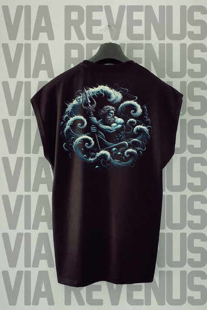 Poseidon Back Printed Sleeveless Black Sports T-Shirt